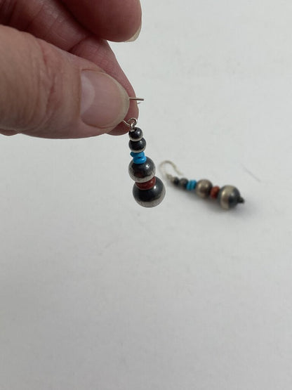 Graduated Stacked Sterling Silver Bead Earrings with Turquoise & Coral /r