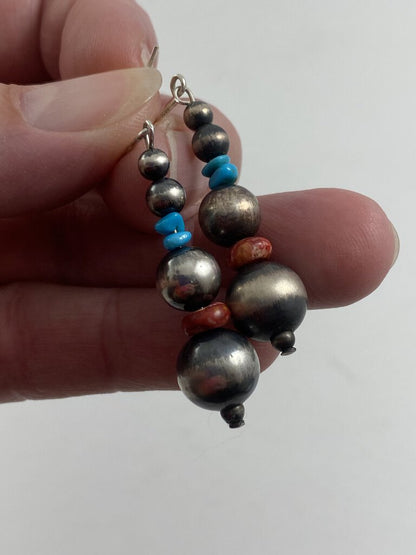 Graduated Stacked Sterling Silver Bead Earrings with Turquoise & Coral /r