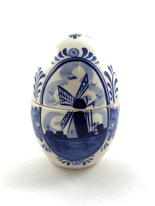 Delft Blue Handpainted Windmill Egg shaped 6” Covered Dish /r