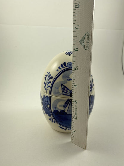 Delft Blue Handpainted Windmill Egg shaped 6” Covered Dish /r