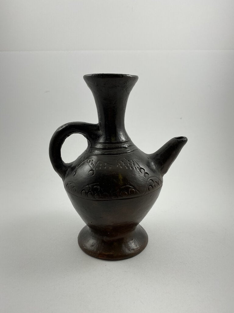 Vintage Ceramic Red Clay Dark Brown Glaze Primitive Pitcher 6” Jug with spout and Handle /r