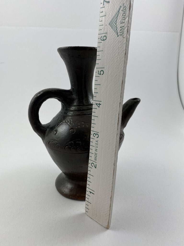 Vintage Ceramic Red Clay Dark Brown Glaze Primitive Pitcher 6” Jug with spout and Handle /r