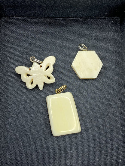 Vintage Petite Scrimshaw Pendants, lot of 3, Butterfly, Quail, Flower /r