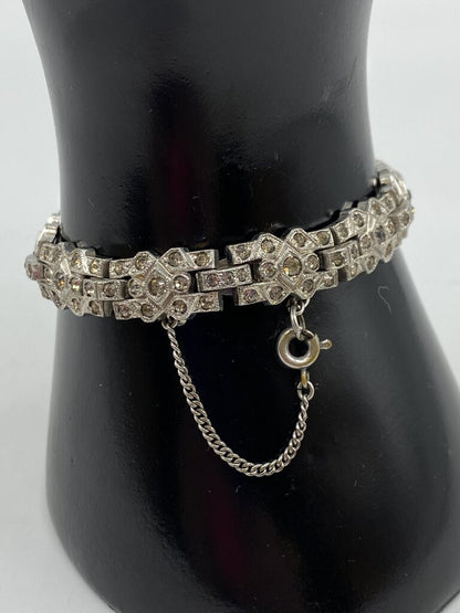 Unique Silver Rhinestone Linked Bracelet W/Safety Chain & Extender /r