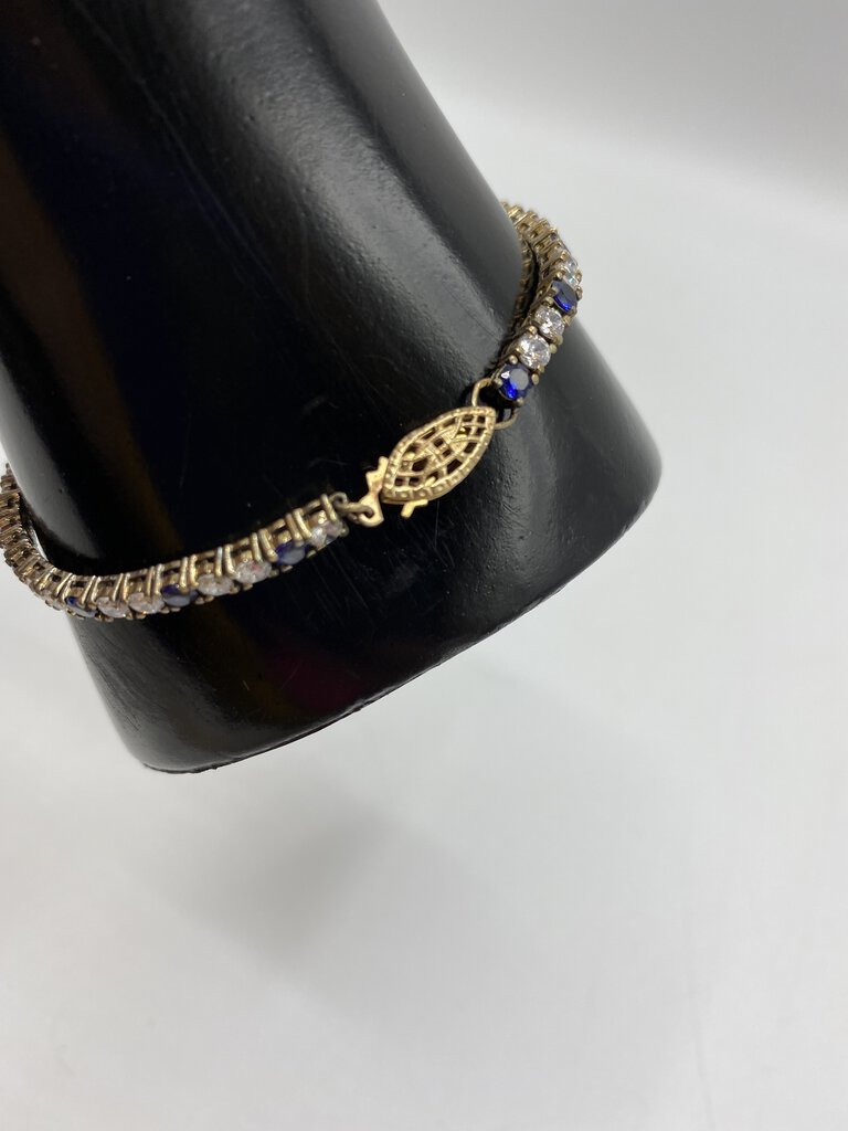 Vintage Gold Toned Costume Jewelry Bracelet w/Rhinestones and Sapphire Blue Stones /r