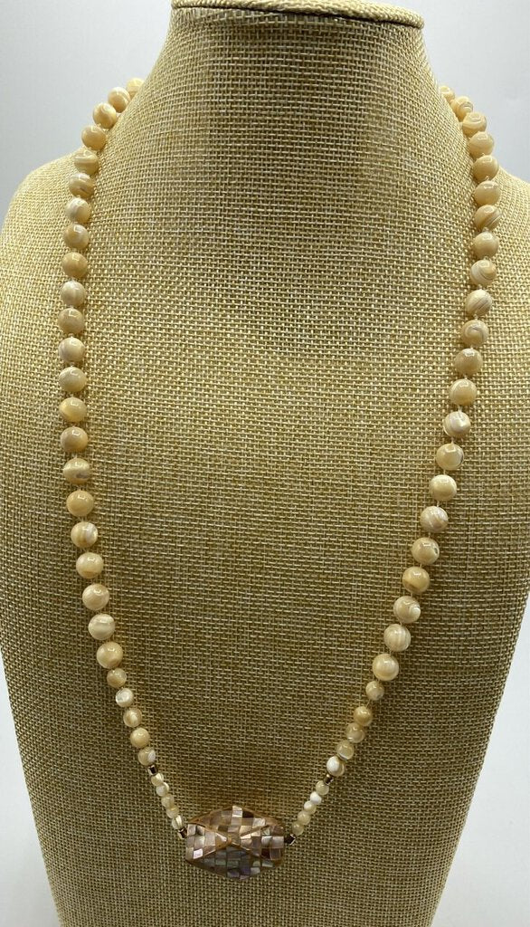 Beige Toned Stone Graduated Bead Necklace w/Abalone Bead Pendant /r