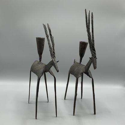 Mid-Century Brutalist Cast Iron Gazelle Candleholders Set/2