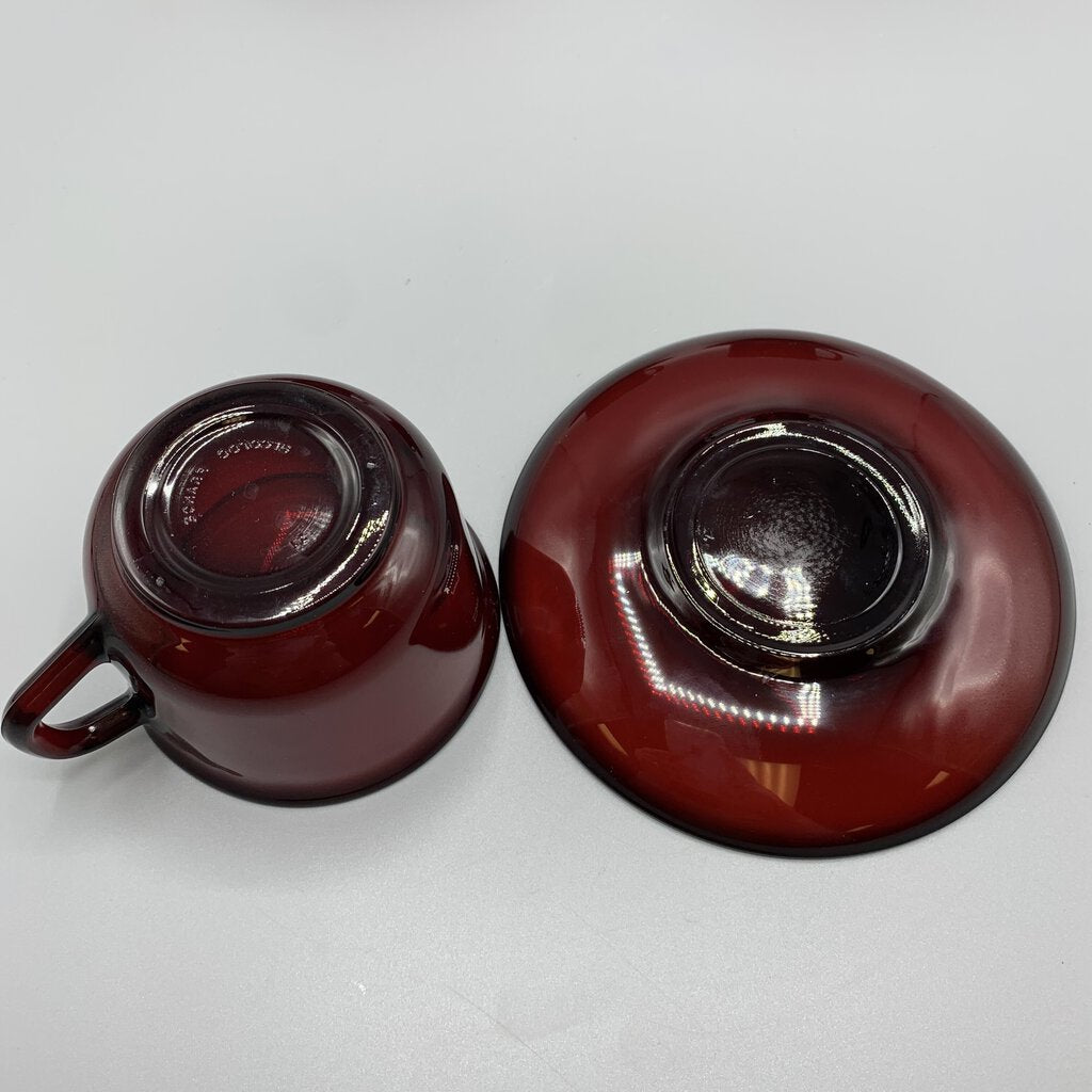 Vintage Arcoroc France Ruby Red Teacup and Saucer Set/3 /hg
