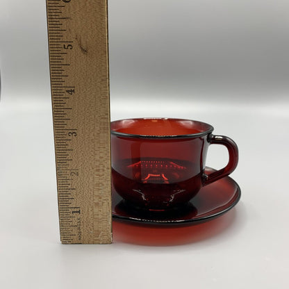 Vintage Arcoroc France Ruby Red Teacup and Saucer Set/3 /hg