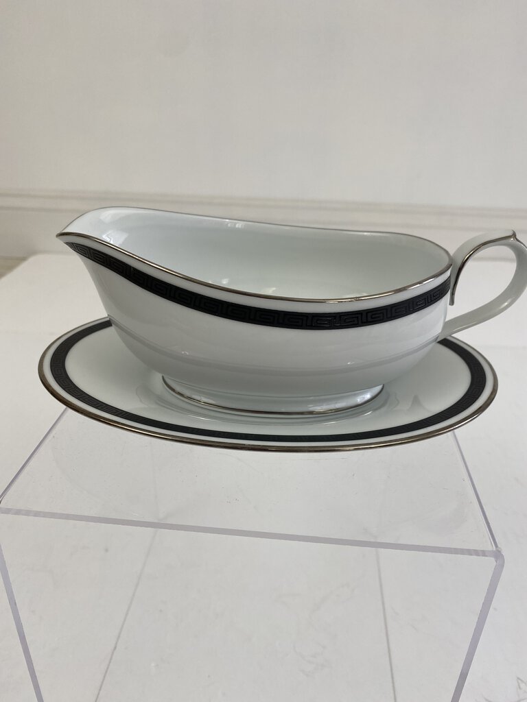 Noritake Horizon Black Band Greek Key Patten Gravy Boat w/Underplate /r