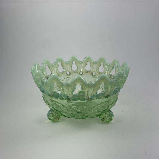 Antique Northwood Shell and Wild Rose Opalescent Green Footed Bowl /hg