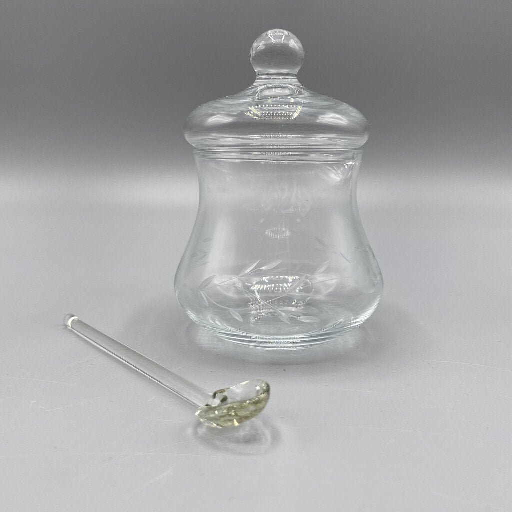 Vintage Floral Etched Glass Sugar Bowl with Lid and Spoon /bh