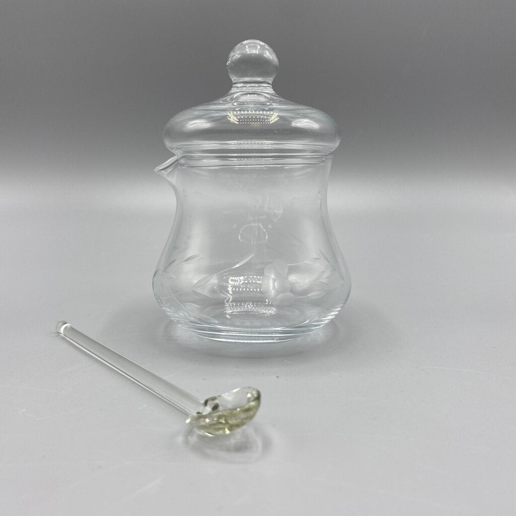 Vintage Floral Etched Glass Sugar Bowl with Lid and Spoon /bh