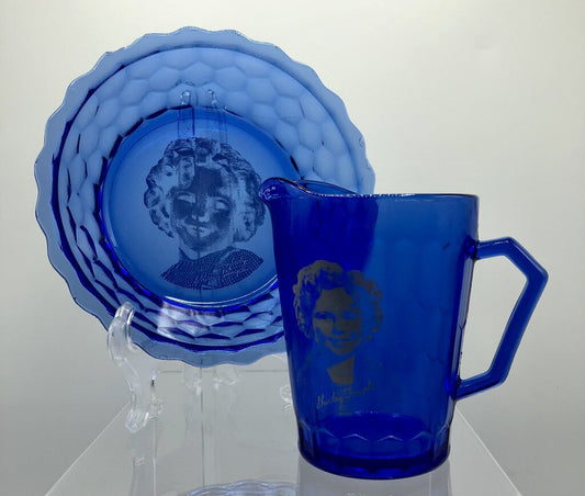 Hazel Atlas Cobalt Glass Shirley Temple Pitcher & Bowl /b