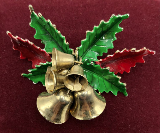 Vintage St. Labre Christmas Holly & Bells Brooch /b