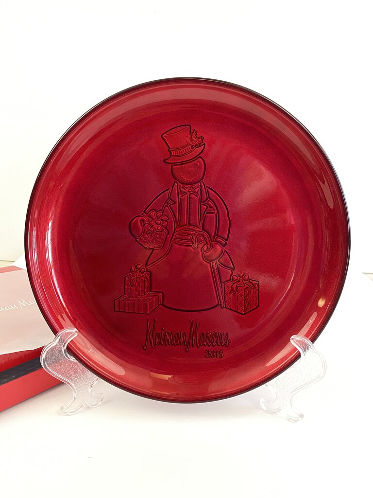 Neiman Marcus 13.5” Red Glass Snowman 2015 Serving Platter NIB /rb