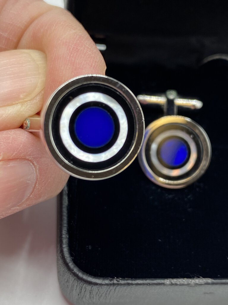 David Donahue Sterling Silver Cuff Links Blue Center with Mother of Pearl Accents /ro