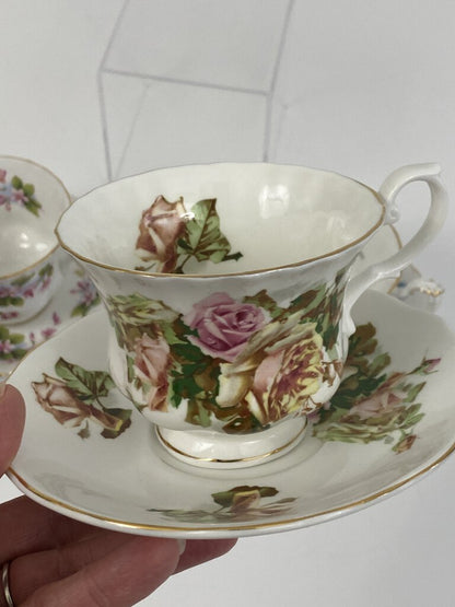 Set of 3 Bone China made in England Floral Tea Cups and Saucers /rb