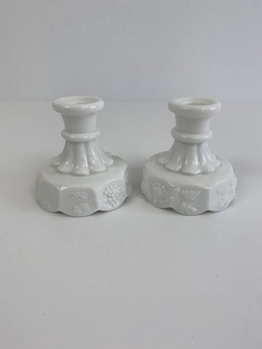 Westmoreland White Milk Glass Panel Grape set of 2 Candlestick holders /rb