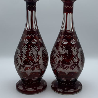 Pair of Antique Egermann Ruby Red Bohemian Glass Decanters /hg