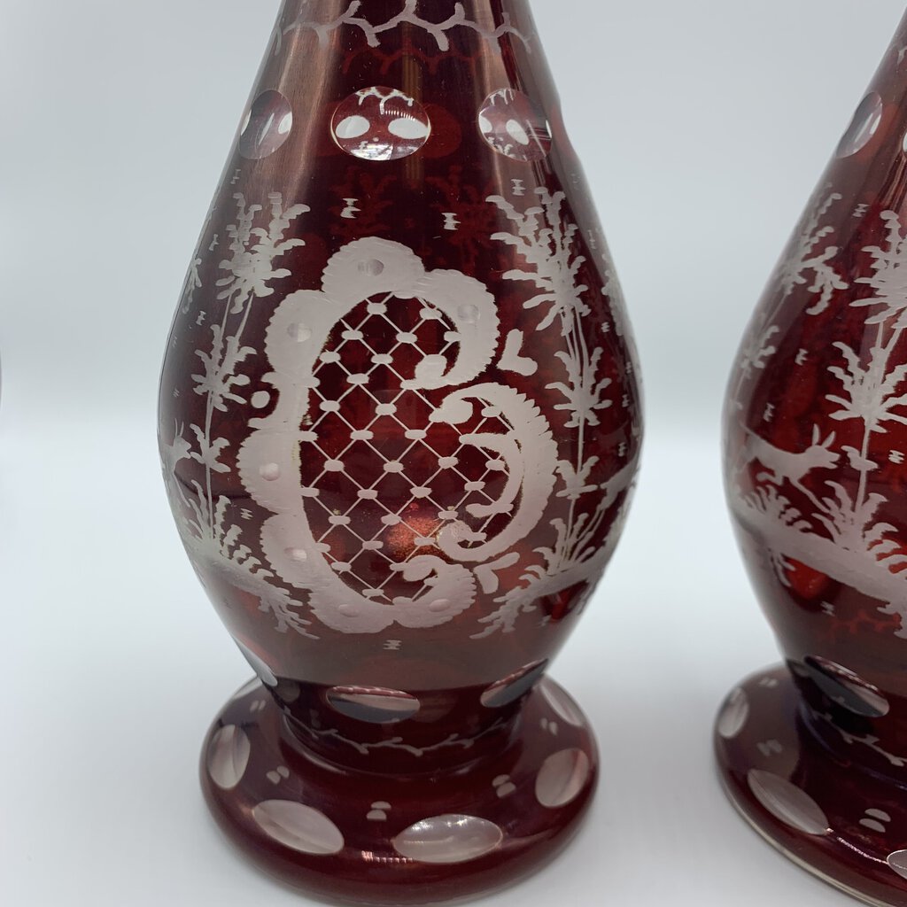 Pair of Antique Egermann Ruby Red Bohemian Glass Decanters /hg