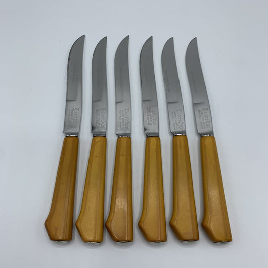 Vintage Regent Cutlery Co. Sheffield England “Peeredge” Butterscotch Bakelite Steak Knives Set of 6 /hg