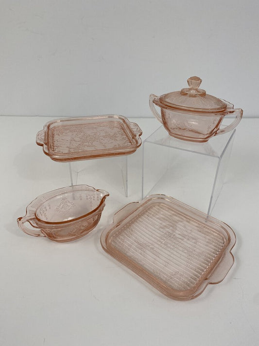 Vintage Anchor Hocking Princess Pink Depression Glass Sugar Bowl, Lid, Creamer, Trays /ro