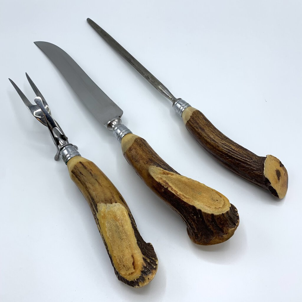 Vintage Royal Brand Cutlery 3 Piece Antler Carving Set, Sheffield England /hg
