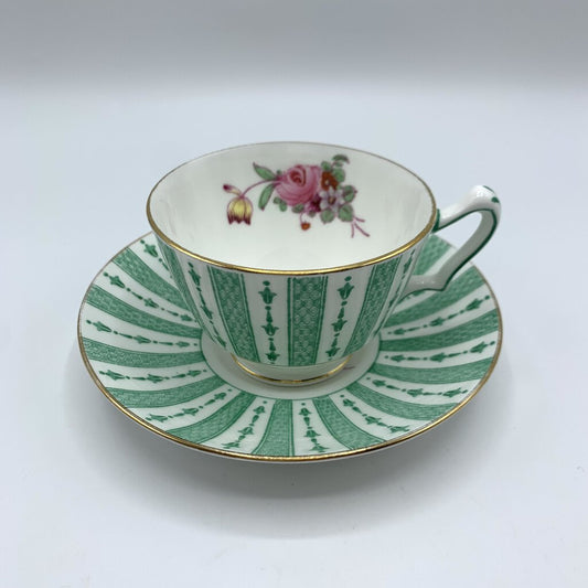 Vintage Crown Staffordshire Green Striped Fine Bone China Teacup and Saucer /hg