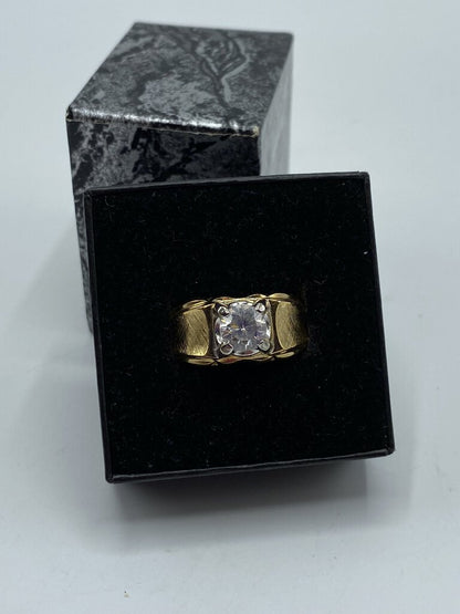 Vintage LIND 14 KT HGE Cubic Zirconia EAPG Mens Gold Tone Ring Size 9.75 /ro