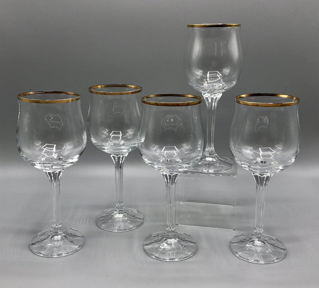 Vintage Bohemia Crystal “Geneve” Wine Goblet w/ 14K Rim Set of 5. /b