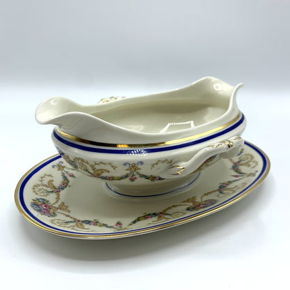 Antique Haas & Czjzek “La Boheme Blue” Gravy Boat with Attached Underplate /hg