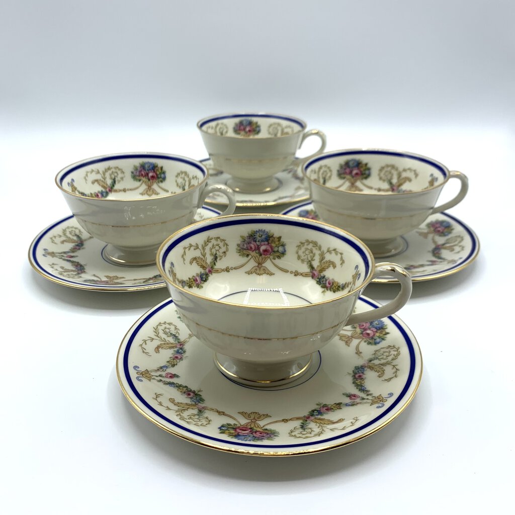 Antique Haas & Czjzek “La Boheme Blue” Teacup and Saucer Set of 4 /hg