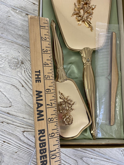 Vintage Lady Fair Gold Tone Vanity Set Mirror, Brush, Comb /rb