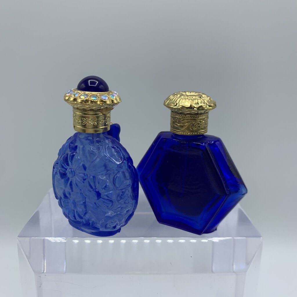 Jeweled Blue Glass Mini Perfume Bottles with Glass Daubers Set of 2 /hg