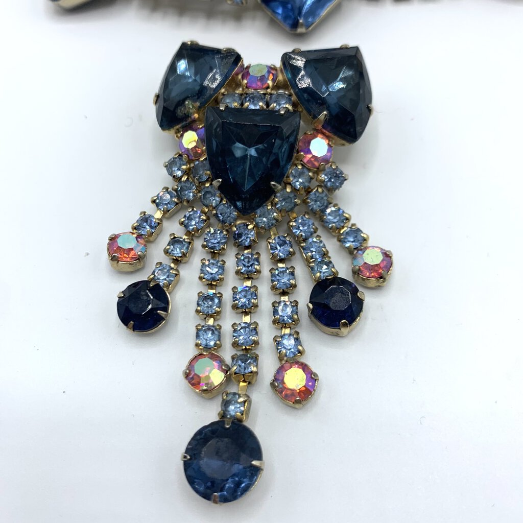 Vintage Midnight Blue Rhinestone Brooch, Bracelet, and Earrings Set /hg