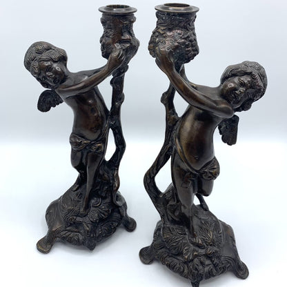 Vintage Bronze Art Nouveau-Style Cherub Candlesticks /hg