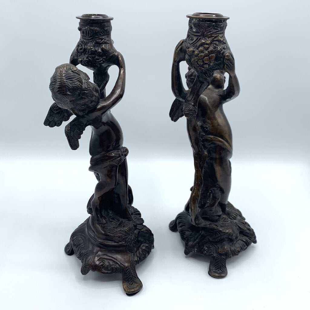 Vintage Bronze Art Nouveau-Style Cherub Candlesticks /hg