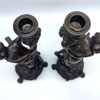 Vintage Bronze Art Nouveau-Style Cherub Candlesticks /hg