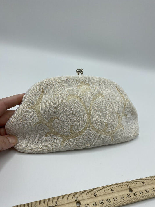 Vintage Hand Beaded in Belgium White/Ivory Clutch Evening Bag Kiss Closure /rw