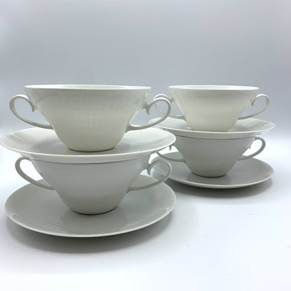 Vintage Mid-Century Bjorn Wiinblad Rosenthal “Romance White” Double Handled Soup Bowls with Underplates Set of 4 /hg