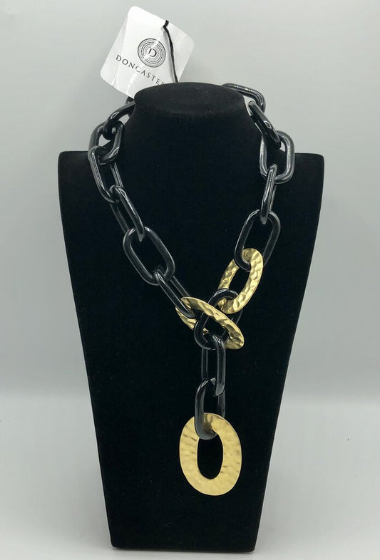 Vintage Don Caster Black Lucite & Brass Chain Link Statement Necklace /b