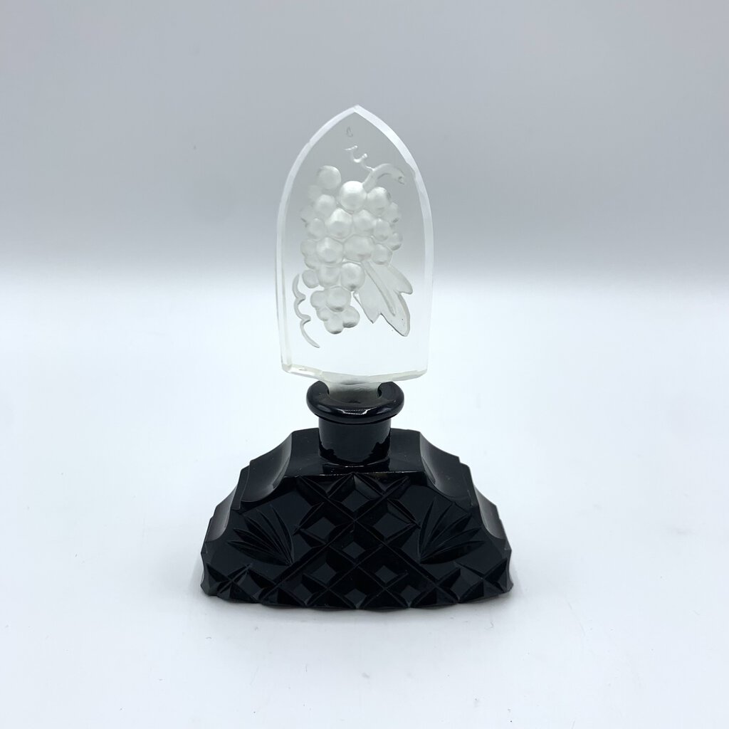 Vintage Black Cut Crystal Perfume Bottle with Etched Glass Stopper /hg