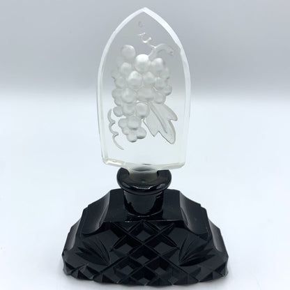 Vintage Black Cut Crystal Perfume Bottle with Etched Glass Stopper /hg