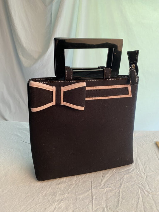Black Canvas Structured Handbag Plastic Handles Pink Bow Crossbody Strap /rw