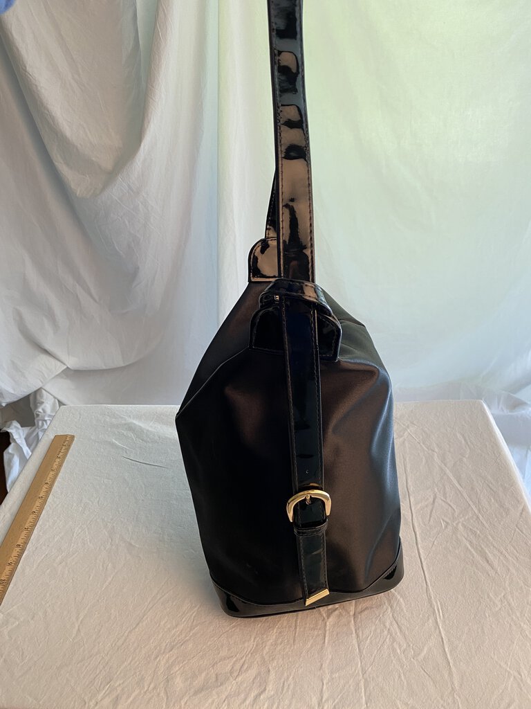 Tender POISON Shimmery Black Vinyl Pouch Bag w/Black Faux Patent Leather Accents /rw