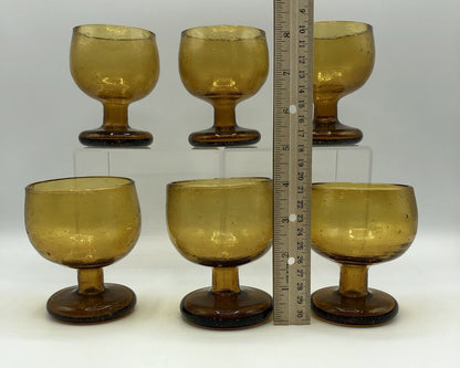 Set of 6 Vintage Amber Bubble Glass Hand Blown Goblets /b