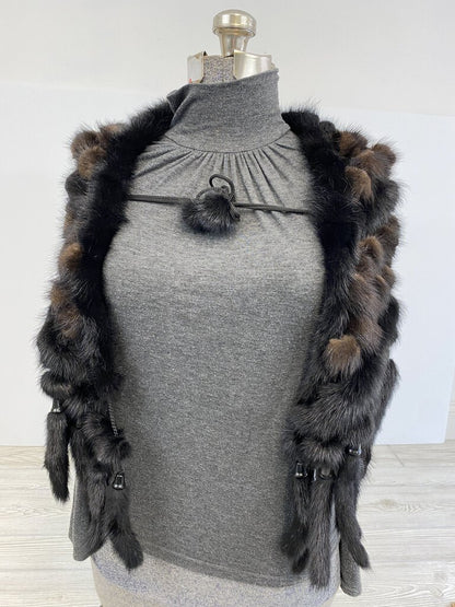 Women’s Real Fur Shawl/Shrug Black/Brown Crocheted Unique! /roh