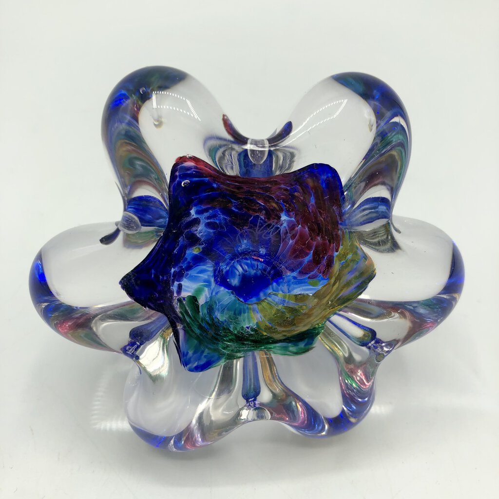 Hand Blown Studio Art Glass Multi-Color Ring Holder / Paperweight Signed /b