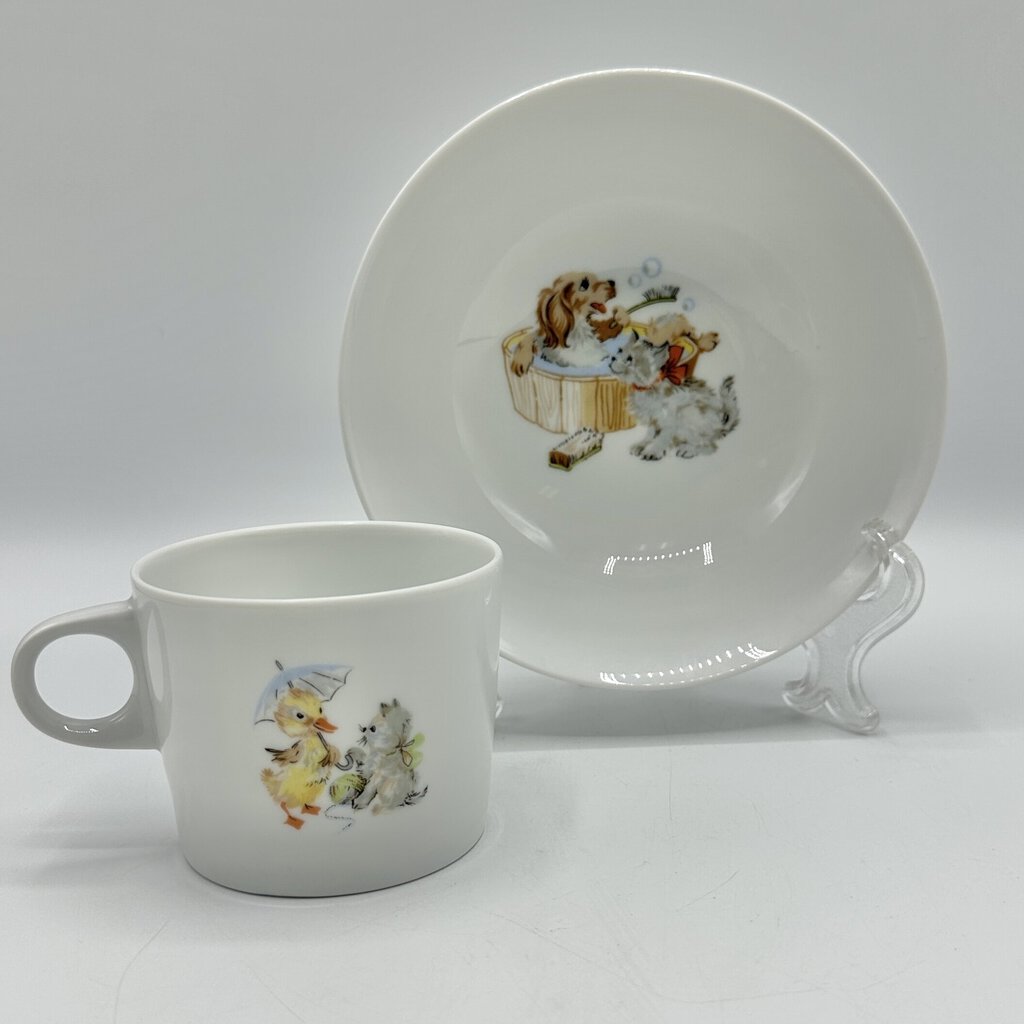 Adorable Lorenz Hutschenreuther Child’s Porcelain Mug and Bowl Set Dog Cat Duck /cb